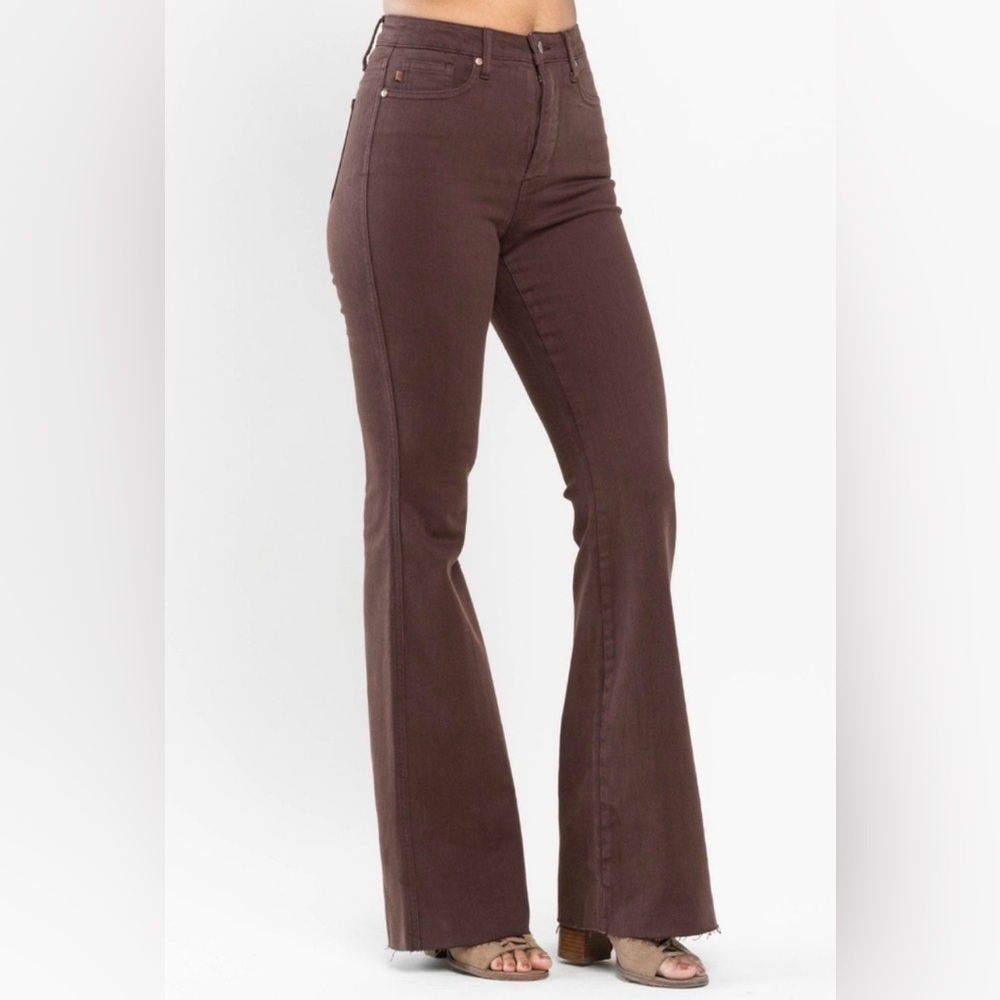 Judy Blue Flare Jean High Waist Raw Hem Espresso Brown Tummy Control Size 13/31